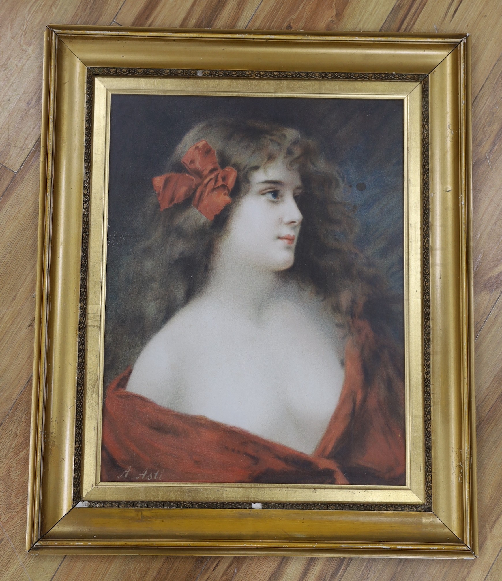 Angelo Asti (Italian, 1847-1903), chromolithograph, Portrait of a young woman with a ribbon in her hair, 50 x 39cm
